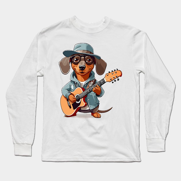 Dachshund Playing Guitar Long Sleeve T-Shirt by Graceful Designs
